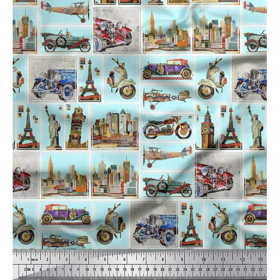 Soimoi Velvet Fabric Vehicles & Monuments Patchwork Decor Fabric Printed Yard 58 Inch Wide