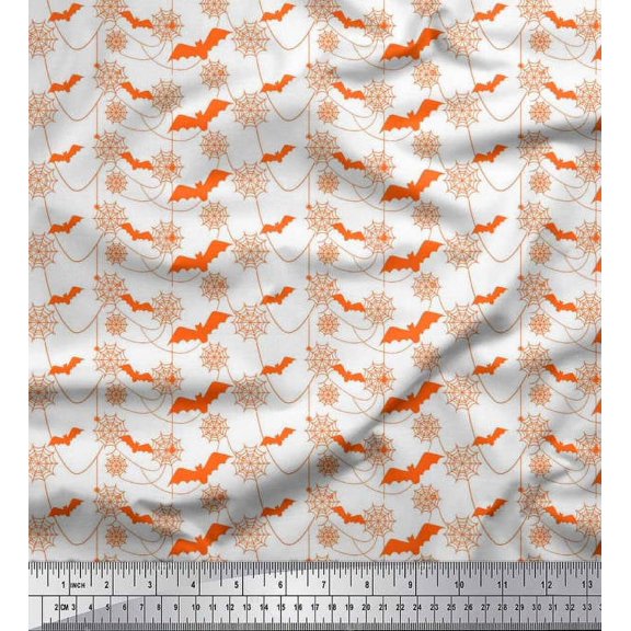 Soimoi Velvet Fabric Web,Spider & Bat Halloween Printed Fabric 1 Yard 58 Inch Wide