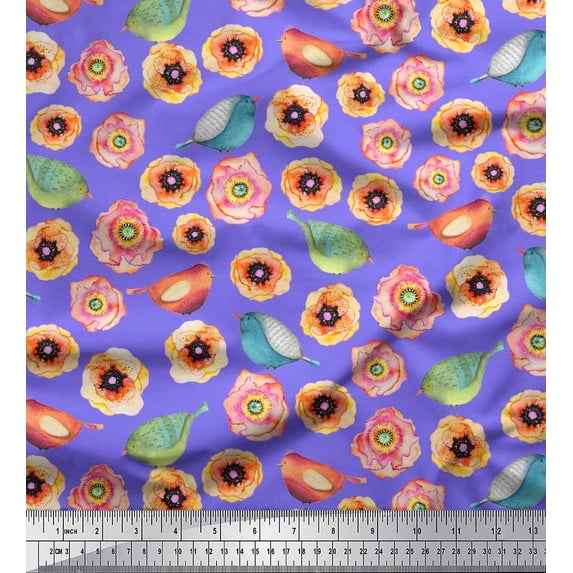 Soimoi Viscose Chiffon Fabric Bird & Anemone Floral Decor Fabric Printed Yard 42 Inch Wide