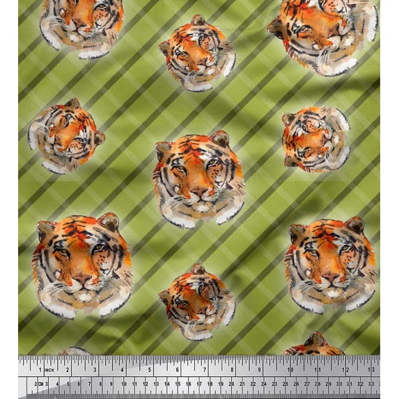Soimoi Viscose Chiffon Fabric Check & Tiger Face Animal Print Fabric by Yard 42 Inch Wide