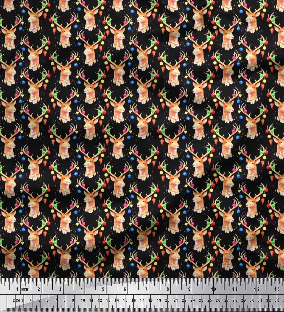 Soimoi Viscose Chiffon Fabric Christmas Baubles & Reindeer Face Animal Print Fabric by the Yard 42 Inch Wide