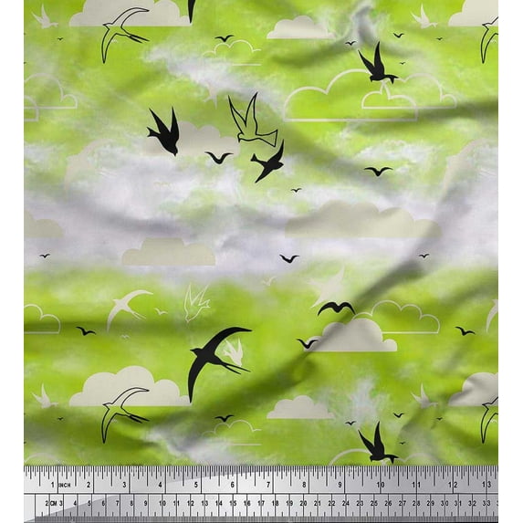 Soimoi Viscose Chiffon Fabric Clouds & Flying Swift Bird Printed Fabric 1 Yard 42 Inch Wide