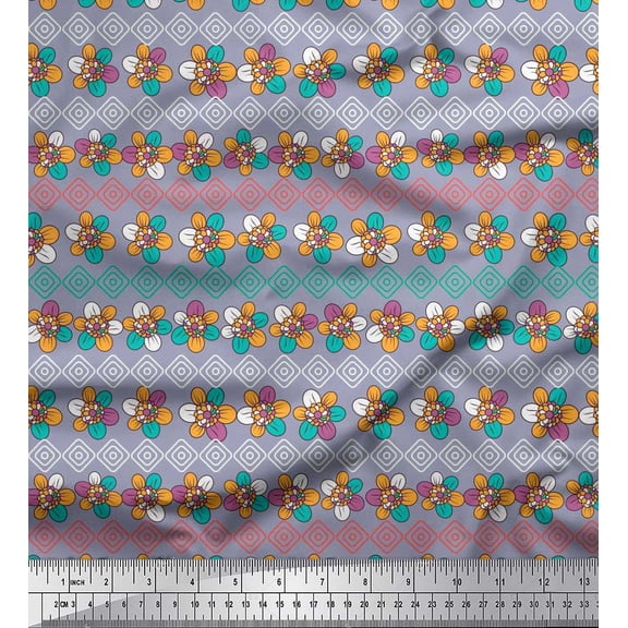 Soimoi Viscose Chiffon Fabric Diamond Shape & Floral Artistic Print Fabric by Yard 42 Inch Wide