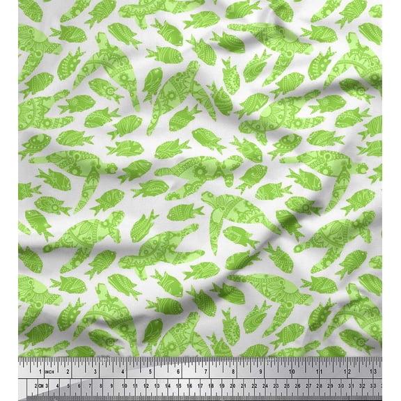 Soimoi Viscose Chiffon Fabric Fish & Sea Turtle Ocean Decor Fabric Printed Yard 42 Inch Wide