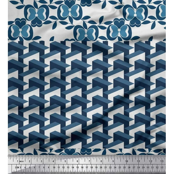 Soimoi Viscose Chiffon Fabric Geometric Cube,Leaves & Floral Artistic Fabric Prints By Yard 42 Inch Wide