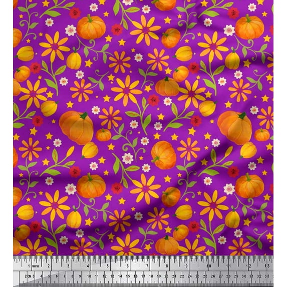 Soimoi Viscose Chiffon Fabric Leaves,Floral & Pumpkin Vegetable Print Fabric by Yard 42 Inch Wide