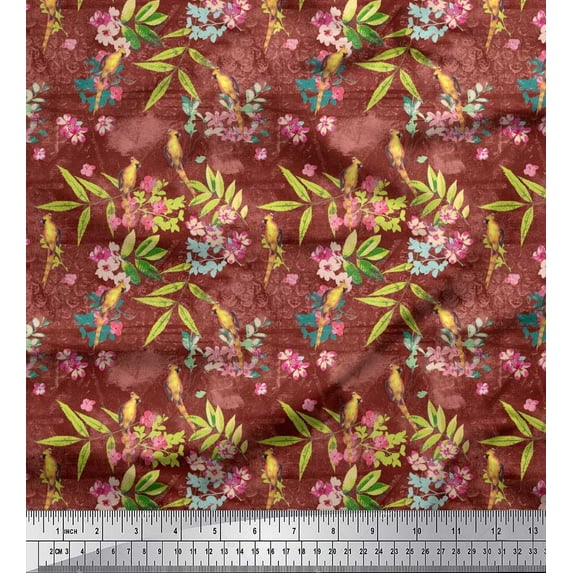 Soimoi Viscose Chiffon Fabric Leaves,Floral & Yellow Cardinal Bird Fabric Prints by Yard 42 Inch Wide