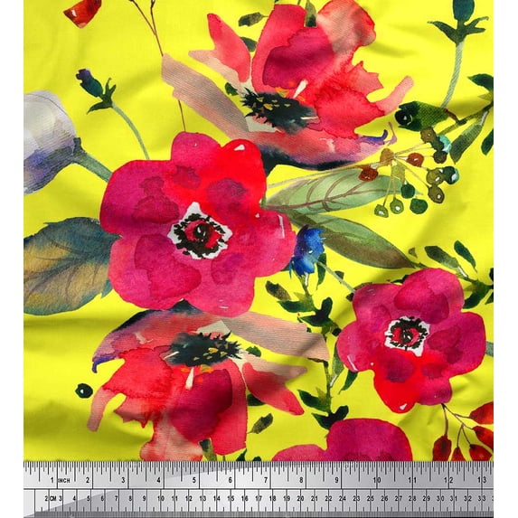 Soimoi Viscose Chiffon Fabric Leaves & Poppy Flower Print Fabric by Yard 42 Inch Wide