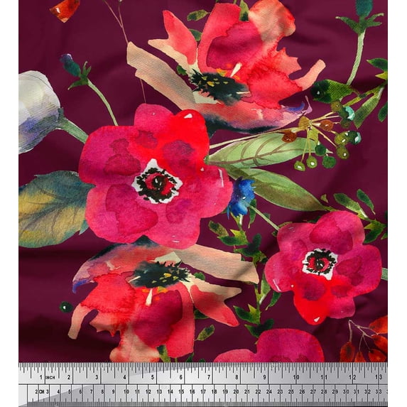 Soimoi Viscose Chiffon Fabric Leaves & Poppy Flower Print Sewing Fabric Yard 42 Inch Wide