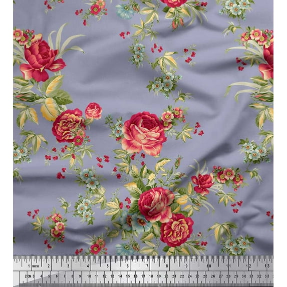 Soimoi Viscose Chiffon Fabric Leaves,Red Berries & Rose Floral Print Fabric by The Yard 42 Inch Wide