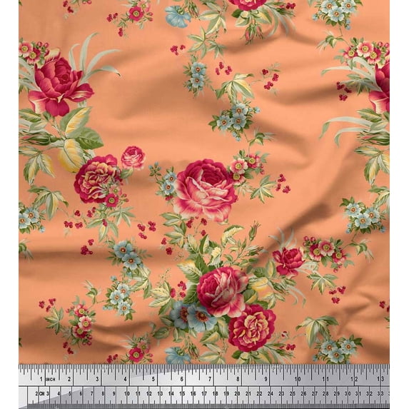 Soimoi Viscose Chiffon Fabric Leaves,Red Berries & Rose Floral Printed Fabric 1 Yard 42 Inch Wide