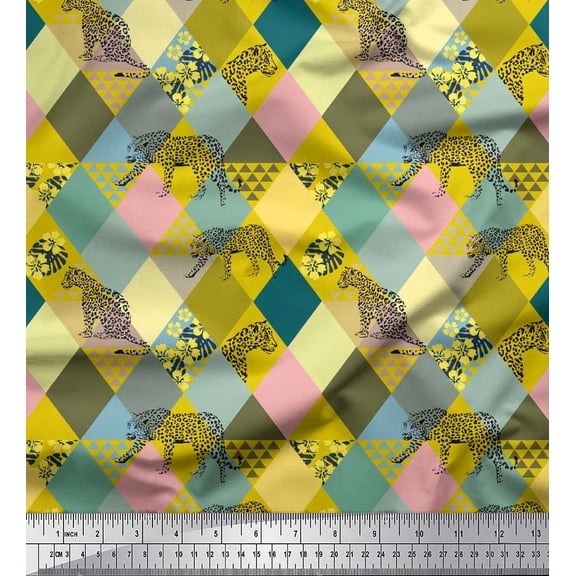 Soimoi Viscose Chiffon Fabric Leopard & Argyle Patchwork Print Fabric by The Yard 42 Inch Wide