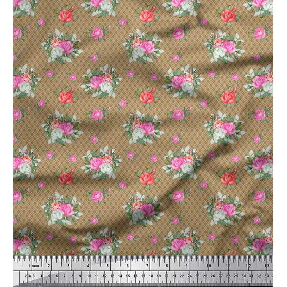 Soimoi Viscose Chiffon Fabric Ogee Damask,Leaves & Rose Floral Fabric Prints By Yard 42 Inch Wide