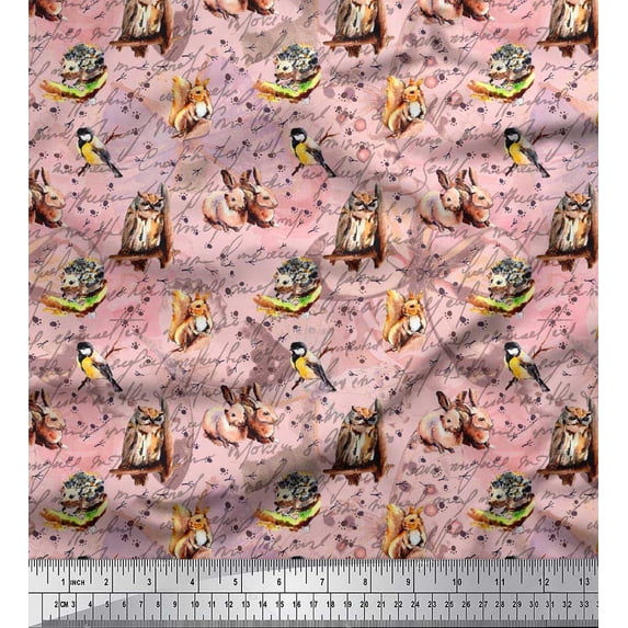 Soimoi Viscose Chiffon Fabric Owl,Squirrel & Rabbit Animal Print Fabric by Yard 42 Inch Wide