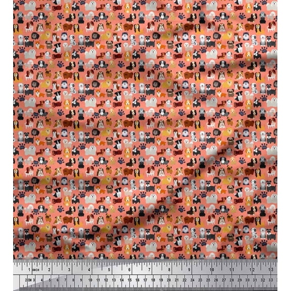 Soimoi Viscose Chiffon Fabric Paw & Puppies Cartoon Print Sewing Fabric Yard 42 Inch Wide