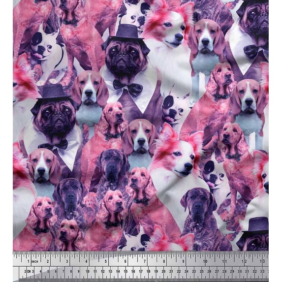 Soimoi Viscose Chiffon Fabric Pug,Beagle & English Cocker Spaniel Dog Scene Print Sewing Fabric Yard 42 Inch Wide