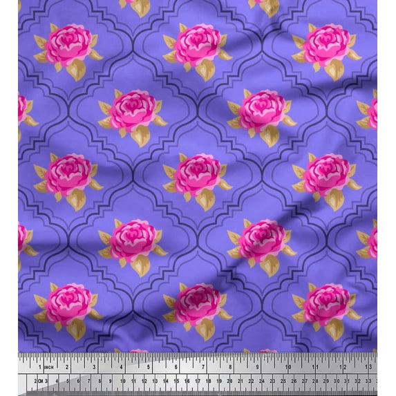 Soimoi Viscose Chiffon Fabric Quatrefoil Design,Leaves & Rose Floral Print Fabric by the Yard 42 Inch Wide