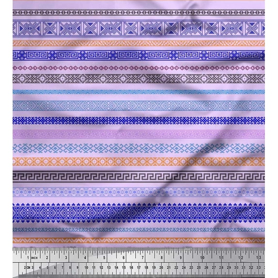 Soimoi Viscose Chiffon Fabric Stripe & Greek Key Geometric Fabric Prints by Yard 42 Inch Wide