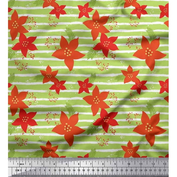 Soimoi Viscose Chiffon Fabric Stripe,Leaves & Camellias Floral Fabric Prints By Yard 42 Inch Wide