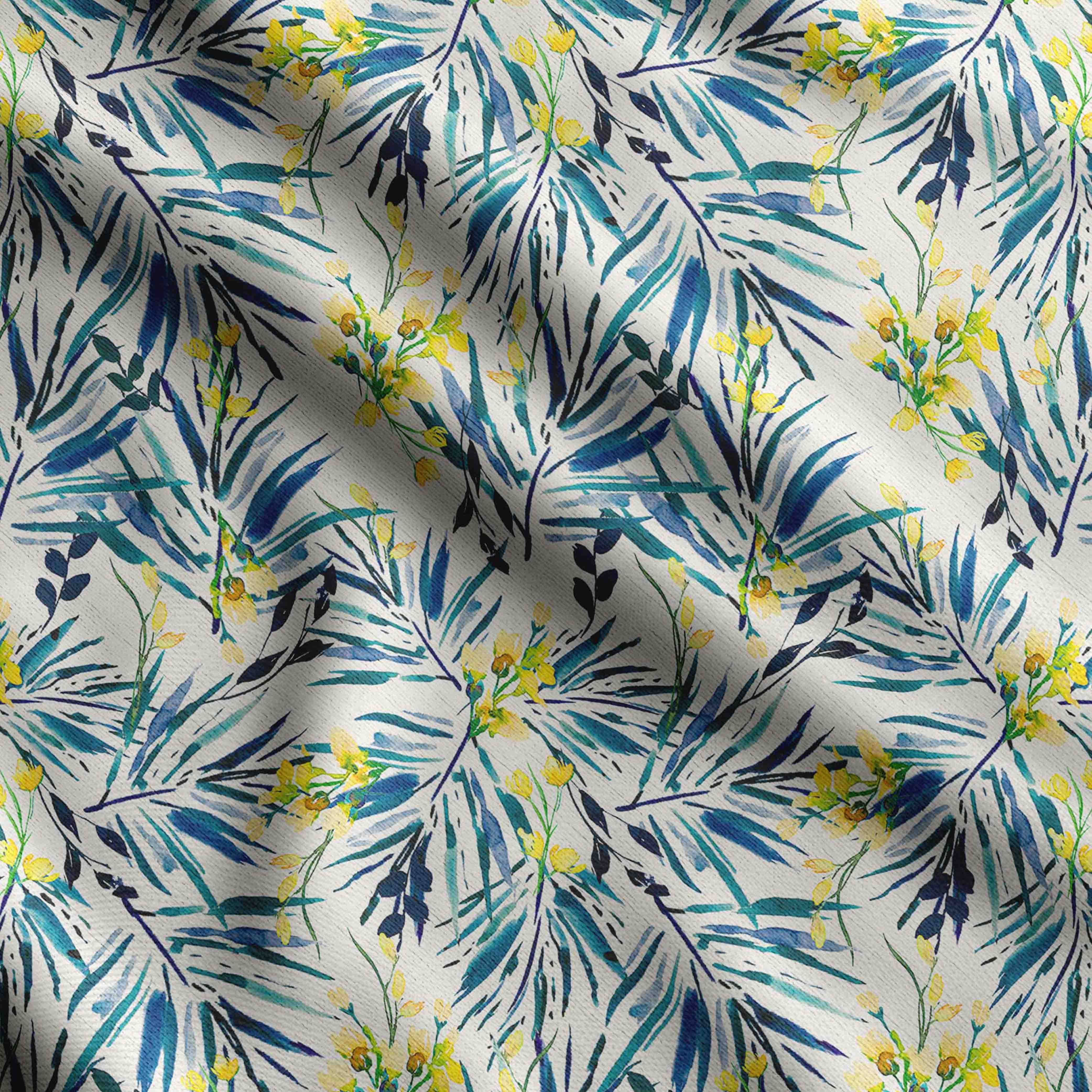 Soimoi Poly Georgette Fabric - Blue Leaves Floral Lemon Print, 52 Inches Wide, Sold By The Yard
