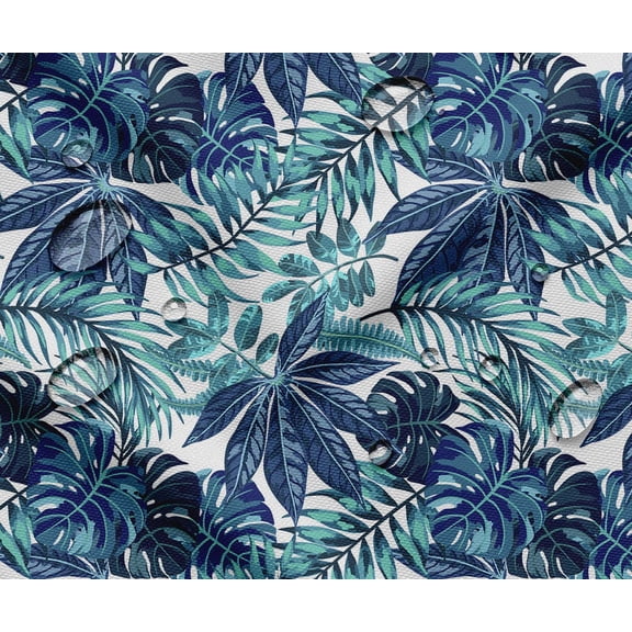 Soimoi Waterproof Outdoor Fabric By 3 Yard | Leaves Pattern on Blue | 56" Wide | UV Resistant & Durable Taffeta Material for Cushions, Covers, Curtains, awning & DIY Projects