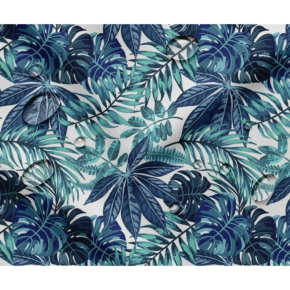 Soimoi Waterproof Outdoor Fabric By 5 Yard | Leaves Pattern on Blue | 56" Wide | UV Resistant & Durable Taffeta Material for Cushions, Covers, Curtains, awning & DIY Projects