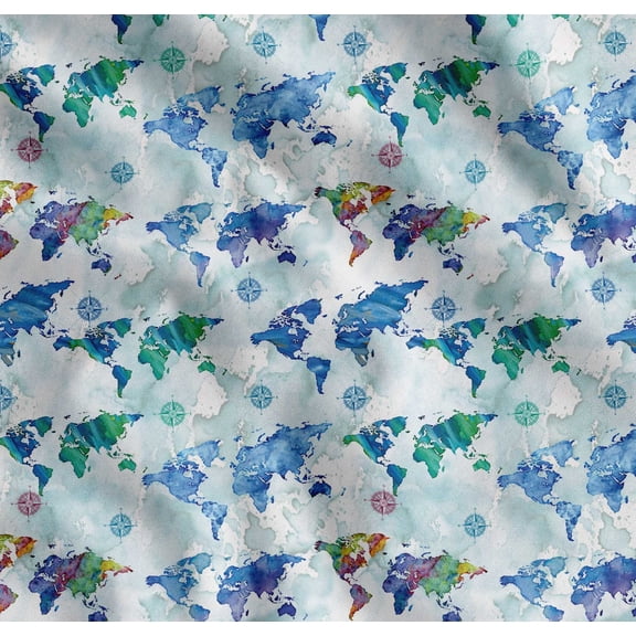 Soimoi White Cotton Cambric Fabric Direction Compass & World Map Fabric Prints By Yard 56 Inch Wide