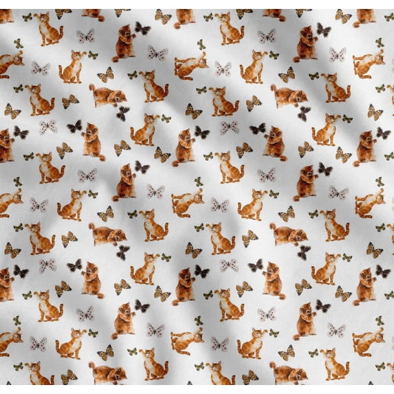 Soimoi White Cotton Cambric Fabric Insect & Cat Animal Print Fabric by The Yard 42 Inch Wide