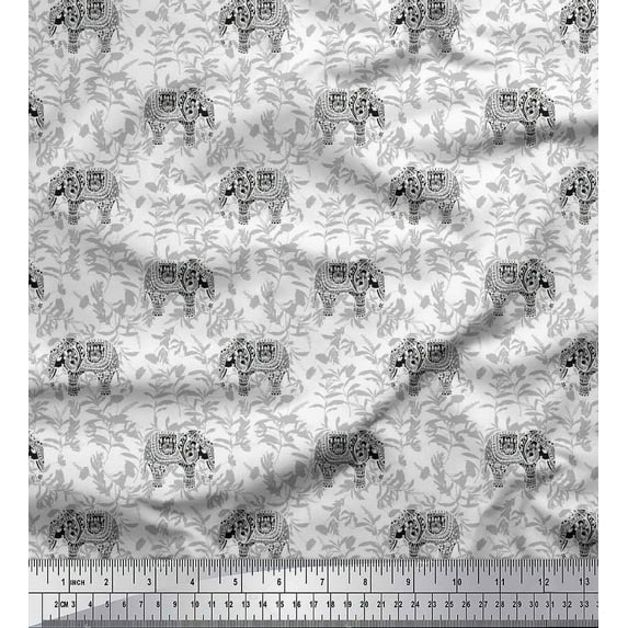 Soimoi White Cotton Cambric Fabric Leaves & Artistic Elephant Animal Print Fabric by the Yard 42 Inch Wide