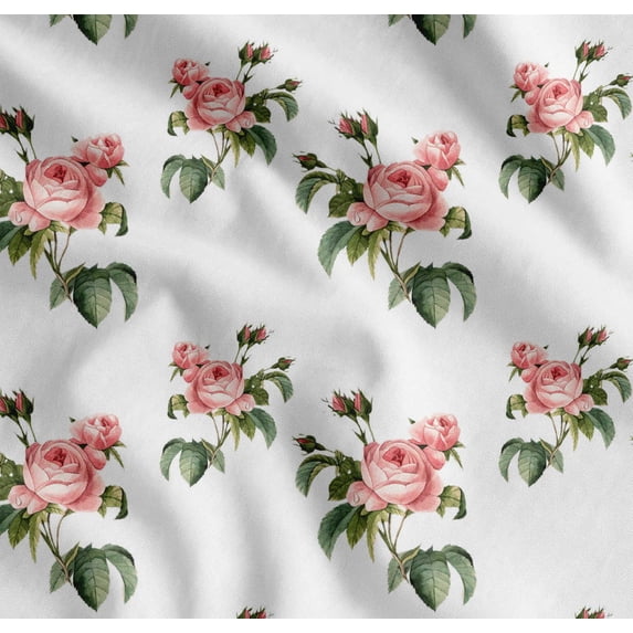 Soimoi White Cotton Cambric Fabric Leaves & Rose Floral Printed Fabric 1 Yard 56 Inch Wide