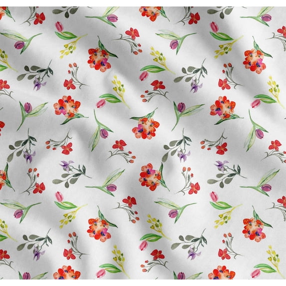 Soimoi White Cotton Cambric Fabric Leaves & Tulip Floral Print Fabric by Yard 56 Inch Wide