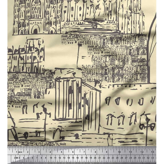 Soimoi White Cotton Cambric Fabric London Theme Architectural Printed Fabric 1 Yard 56 Inch Wide