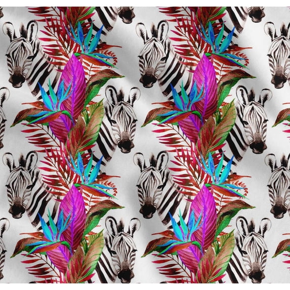 Soimoi White Cotton Cambric Fabric Tropical Leaves & Wild Animal Print Sewing Fabric BTY 42 Inch Wide