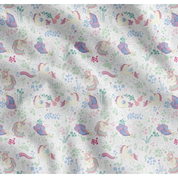 Soimoi White Cotton Cambric Fabric Unicorn & Floral Fabric Prints By Yard 56 Inch Wide