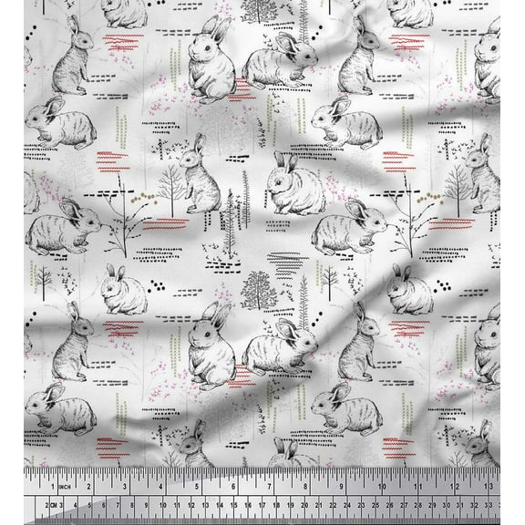Soimoi White Cotton Duck Fabric Abstract & Rabbit Animal Printed Fabric 1 Yard 42 Inch Wide