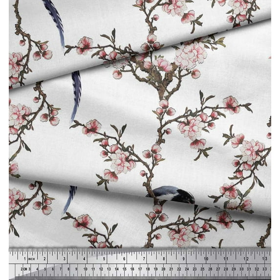 Soimoi White Cotton Duck Fabric Floral & Paradise Whydah Bird Print Fabric by Yard 44 Inch Wide