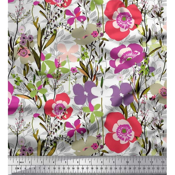 Soimoi White Cotton Duck Fabric Leaves & Floral Artistic Decor Fabric Printed Yard 42 Inch Wide