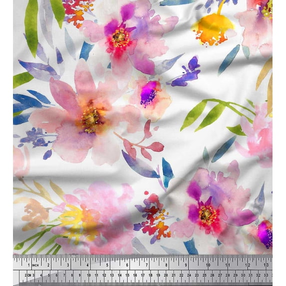 Soimoi White Cotton Duck Fabric Leaves & Floral Printed Craft Fabric by The Yard 56 Inch Wide