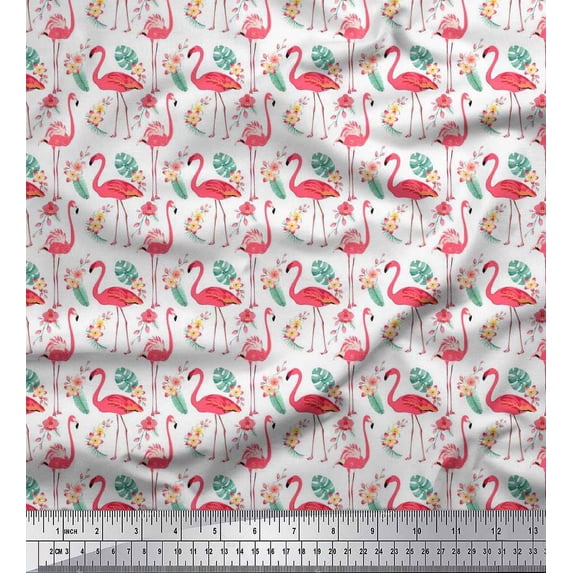 Soimoi White Cotton Duck Fabric Monstera Leaves,Peach Floral & Flamingo Bird Print Fabric by The Yard 56 Inch Wide