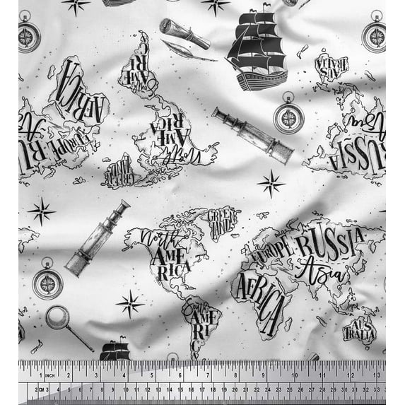 Soimoi White Cotton Duck Fabric Pirate Ship & Telescope Map Fabric Prints By Yard 42 Inch Wide