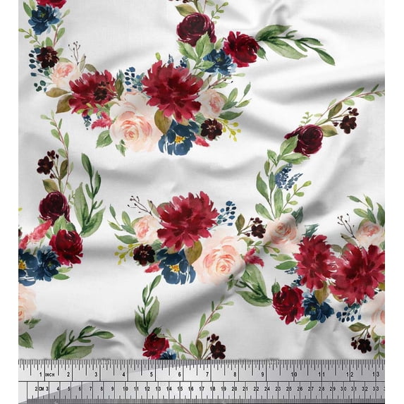 Soimoi White Cotton Duck Fabric Ranunculus & Penoy Floral Print Print Sewing Fabric By the Yard 44 Inch Wide