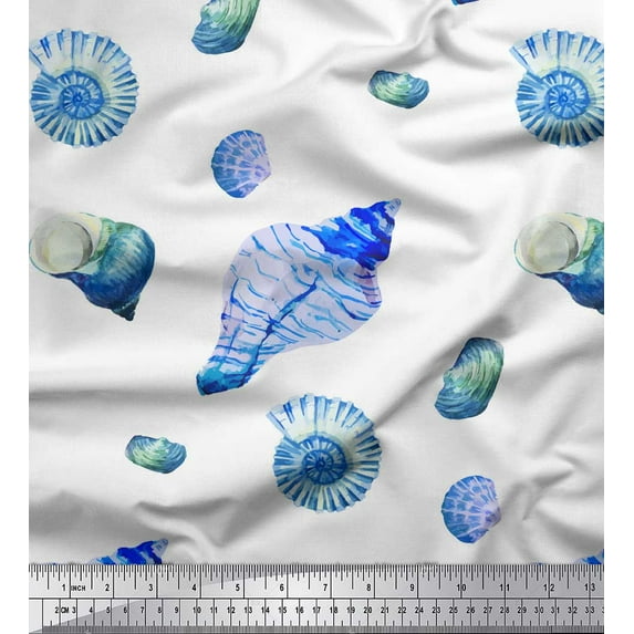 Soimoi White Cotton Duck Fabric Shells Ocean Printed Fabric 1 Yard 56 Inch Wide
