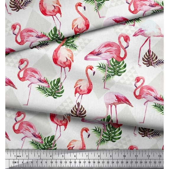 Soimoi White Cotton Poplin Fabric Flamingo Bird Print Fabric by Yard 42 Inch Wide