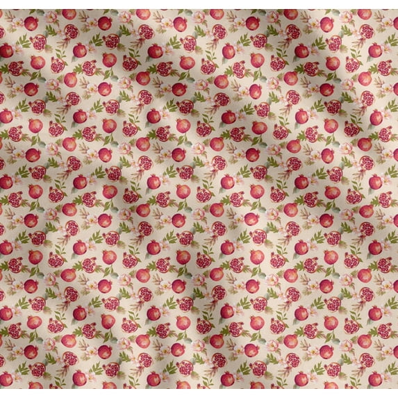 Soimoi White Cotton Poplin Fabric Floral & Pomegranate Fruits Printed Fabric 1 Yard 56 Inch Wide