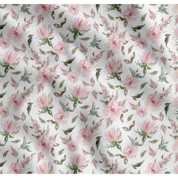 Soimoi White Cotton Poplin Fabric Flower & Leaves Watercolor Print Sewing Fabric Yard 56 Inch Wide