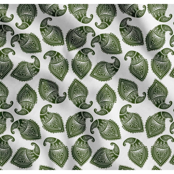 Soimoi White Cotton Poplin Fabric Green Paisley Decor Fabric Printed Yard 42 Inch Wide