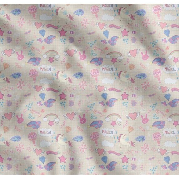 Soimoi White Cotton Poplin Fabric Heart & Unicorn Kids Print Fabric by Yard 56 Inch Wide