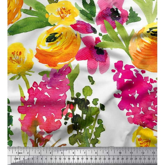 Soimoi White Cotton Poplin Fabric Leaves & Floral Print Fabric by The Yard 42 Inch Wide