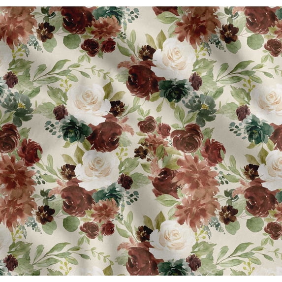Soimoi White Cotton Poplin Fabric Leaves & Peony Floral Printed Fabric 1 Yard 42 Inch Wide