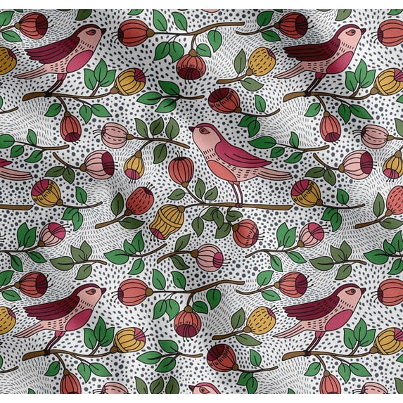Soimoi White Cotton Voile Fabric Artistic Bird & Floral Printed Fabric 1 Yard 56 Inch Wide